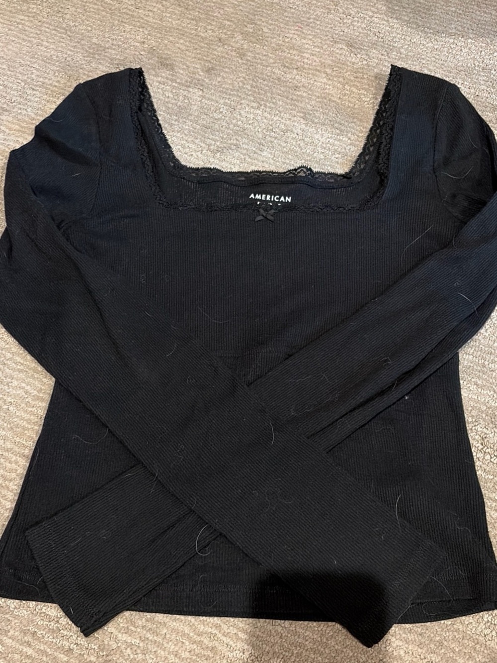 Black Lace-Trim Square Neck Long Sleeve Top